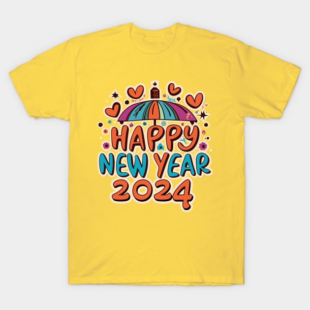 Happy New Year 2024 Funky Love Heart Font Design T-Shirt by IceTees